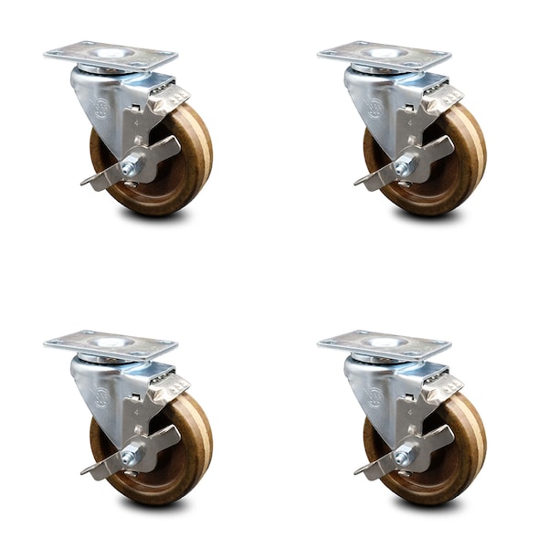 SCC 4 in x 1.5" Brown High Temp Phenolic Wheel Swivel Casters w/Brakes, 4PK